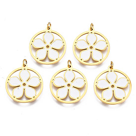 316 Surgical Stainless Steel Pendants, with Jump Rings and Enamel, Real 18K Gold Plated, Ring with Flower