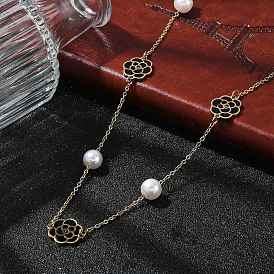 Ion Plating(IP) 304 Stainless Steel Black Enamel Flower Pendant Necklaces for Women, with Imitation Pearl