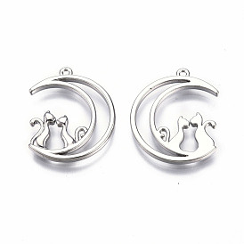 Rack Plating Alloy Pendants, Cadmium Free & Lead Free, Hollow, Moon with Cat