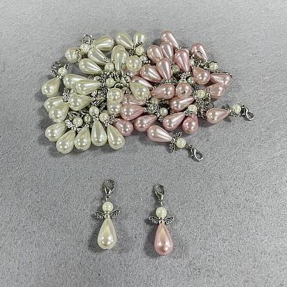 48Pcs 2 Colors ABS Plastic Imitation Pearl & Glass Pearl Pendant Decorations, Angel, with Alloy Lobster Claw Clasps, Platinum
