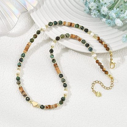 Natural African Turquoise(Jasper) and Picture Jasper Round Disc Beaded Necklaces, with Natural Cultured Freshwater Pearl Potato and Heart Brass Beads