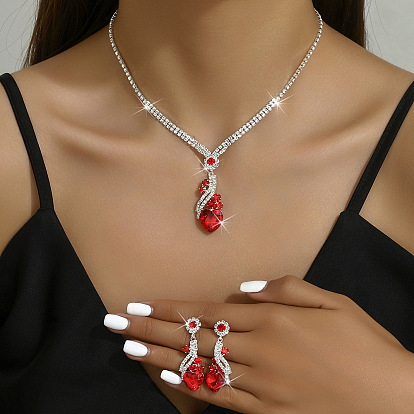 Комплекты из латунных подвесок со стразами и сережек-гвоздиков для женщин, сердце, платина