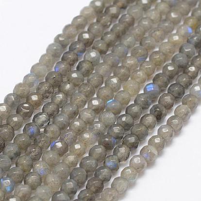 Natural Labradorite Beads Strands, Faceted, Round