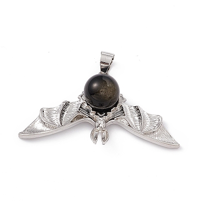 Natural Golden Sheen Obsidian Pendants, Halloween Bat Charms, with Antique Silver Color Brass Findings