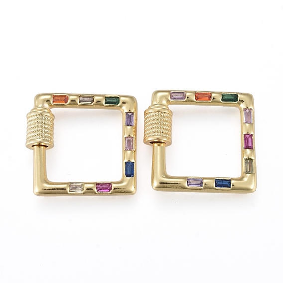 Brass Micro Pave Cubic Zirconia Screw Carabiner Lock Charms, for Necklaces Making, Long-Lasting Plated, Square, Colorful