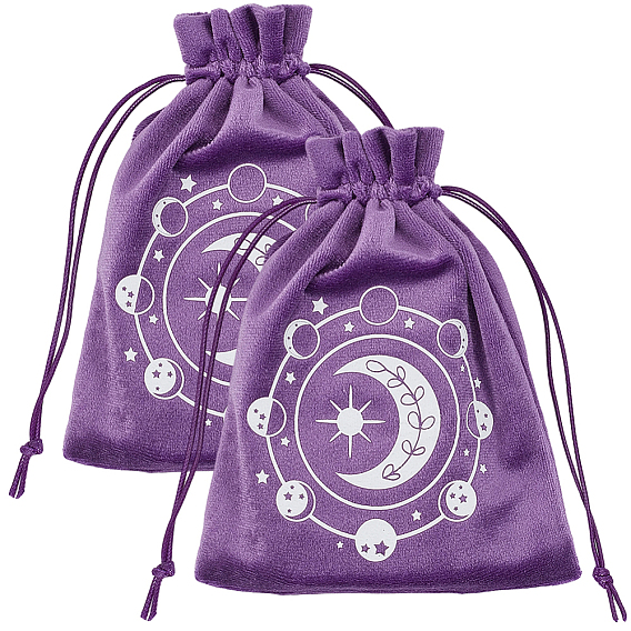 2Pcs Moon Printed Velvet Drawstring Storage Bags for Tarot Card, Rectangle