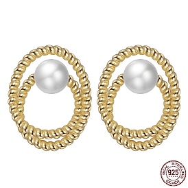 925 Sterling Silver Ring Stud Earrings with Pearl Beaded, with S925 Stamp