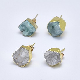 Natural Dyed Druzy Quartz Stud Earrings, with Brass Findings, Nuggets, Golden