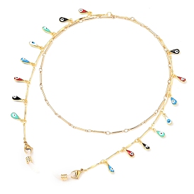 Chaînes de lunettes, tour de cou pour lunettes, avec chaînes à maillons en laiton émaillé, 304 fermoirs à pince de homard en acier inoxydable et extrémités en caoutchouc, goutte d'eau avec mauvais oeil, colorées
