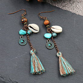 Boho Fringe Earrings with Wooden Beads and Shell Charms - Handmade Retro Ear Threaders