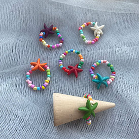 Bohemian holiday style color starfish rice bead ring simple retro beaded ring jewelry for women