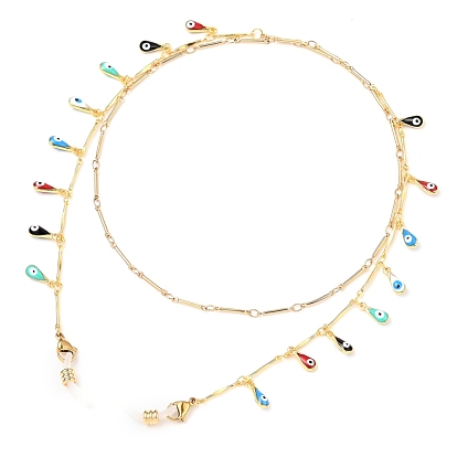 Chaînes de lunettes, tour de cou pour lunettes, avec chaînes à maillons en laiton émaillé, 304 fermoirs à pince de homard en acier inoxydable et extrémités en caoutchouc, goutte d'eau avec mauvais oeil, colorées