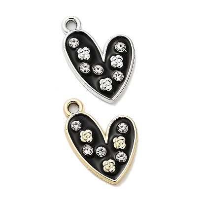 Подвески из сплава и страза, с черной эмалью, сердце с цветочными подвесками