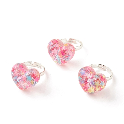 3D Resin Heart with Star Adjustable Ring, Brass Jewelry for Women, Platinum