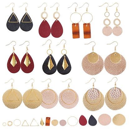 Kits de fabrication de boucles d'oreilles en cuir à faire soi-même, y compris les pendentifs en cuir pu et en peau de vache, anneaux de liaison en laiton et pendentifs et crochets de boucles d'oreilles, 304 liens en acier inoxydable