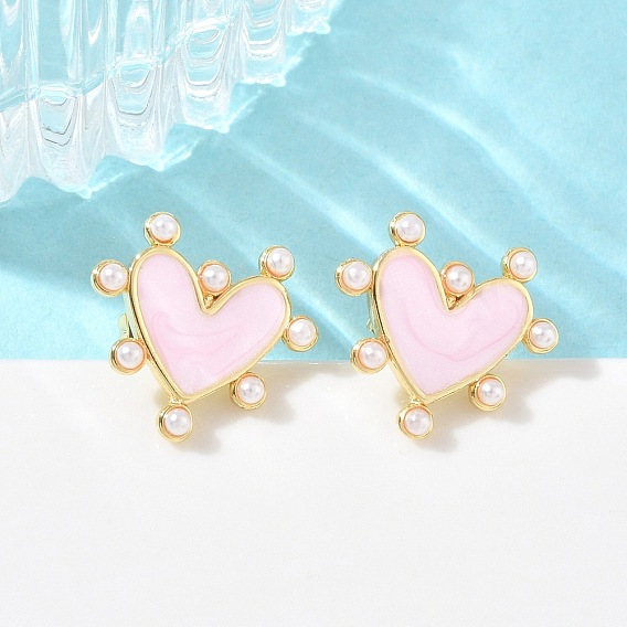 Серьги-гвоздики из латуни с эмалью ко Дню святого Валентина, с пластиковой жемчужины, сердце