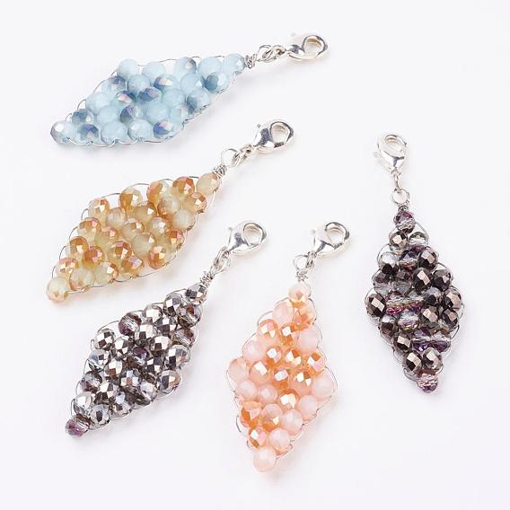Half Electroplate Glass Beads Pendant Decorations, with Brass Lobster Claw Clasps, Faceted, Rhombus, Platinum