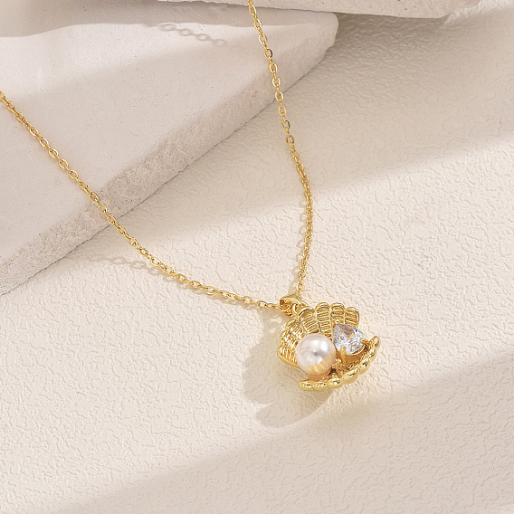 Элегантные ожерелья в форме ракушки из латуни с кубическим цирконием и имитацией жемчуга в стиле океана для женщин