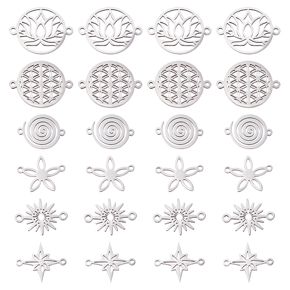 36Pcs 6 Style 201 Stainless Steel Links Connectors, Laser Cut Links, Flower & Vortex & Round Ring & Star