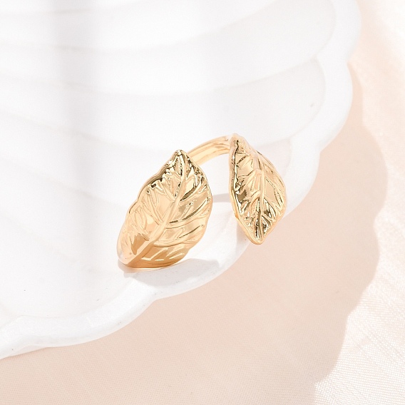 304 Stainless Steel Cuff Open Rings, Leaf, Ion Plating(IP)
