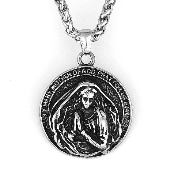 304 ожерелья нержавеющей стали, плоские круглые подвески Пресвятой Девы Марии