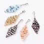Half Electroplate Glass Beads Pendant Decorations, with Brass Lobster Claw Clasps, Faceted, Rhombus, Platinum