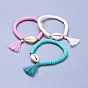 Handmade Polymer Clay Heishi Beads Stretch Bracelets, with 304 Stainless Steel Findings, Shell Beads and Cotton Tassel Pendants