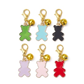 Alloy Enamel Bear Pendant Decorations, with Brass Bell Charms and Zinc Alloy Lobster Claw Clasps