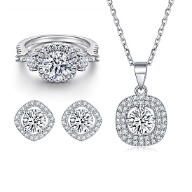 Chic 925 Silver Zirconia Square Jewelry Set for Women - Earrings, Necklace & Ring Trio