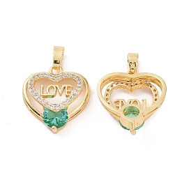 Breloques en laiton zircon cubique transparent, coeur avec mot charmes d'amour, clair et vert
