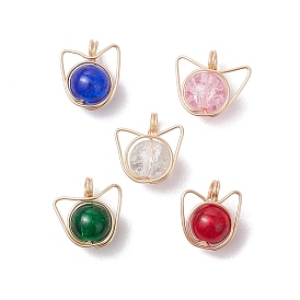 Подвески из стекла, обернутые медной проволокой, форма головы кошки, разноцветные