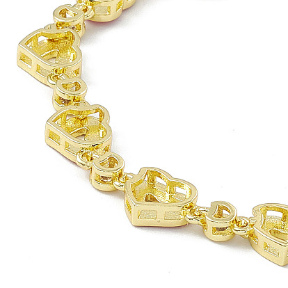 Pink Enamel Heart & Cubic Zirconia Link Chain Bracelet, Brass Jewelry for Women