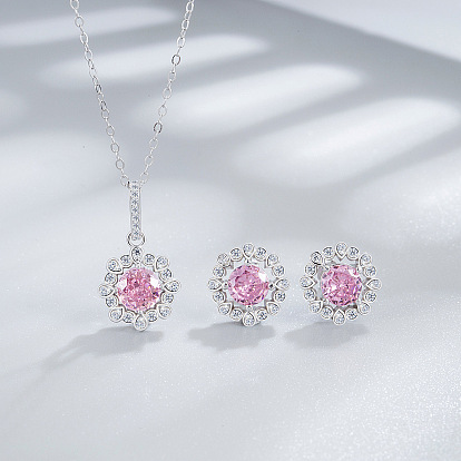 Цветок 925 ожерелье из стерлингового серебра с кубическим цирконием и серьга-гвоздик, платина