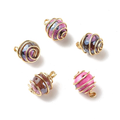 Natural Agate Pendants, with Golden Copper Wire Findings, Pearl Luster Plated, Faceted, Round