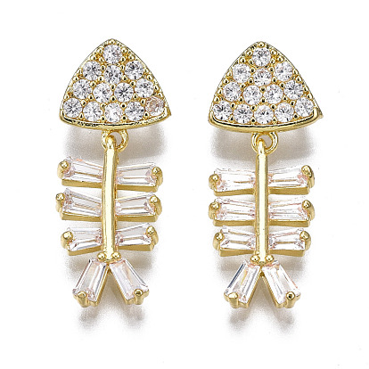 Brass Micro Pave Clear Cubic Zirconia Pendants, Cadmium Free & Nickel Free & Lead Free, Fish