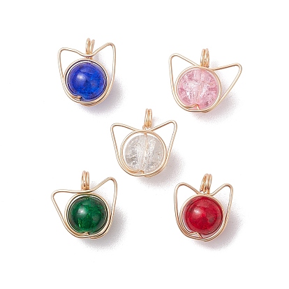 Подвески из стекла, обернутые медной проволокой, форма головы кошки, разноцветные