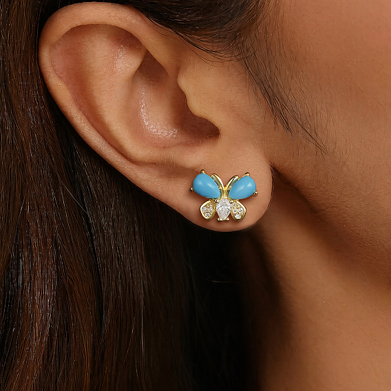 Boucles d'oreilles papillon en argent sterling serties de micro-pavés de zirconiums cubiques pour femmes, avec turquoise