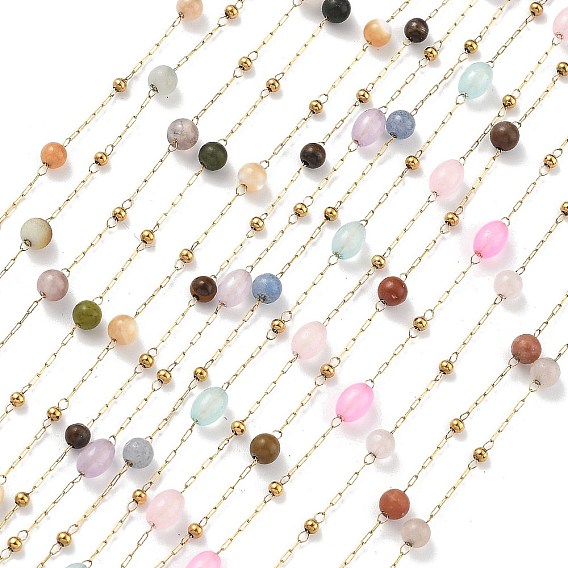 Цепи из драгоценных камней и 304 бусин из нержавеющей стали, с 316 цепи из нержавеющей стали, ионное покрытие (ip), пайки, с катушкой