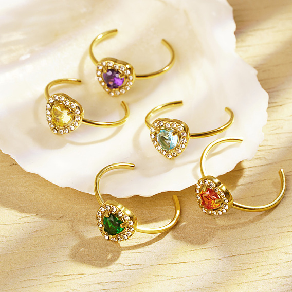 Кольца-манжеты из нержавеющей стали с микропаве из кубического циркония для женщин, сердце, реальный 18 k позолоченный