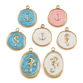 304 нержавеющей стальной эмали подвески, ионное покрытие (ip), золотые, плоский круглый с якорем/плоский круглый с морским коньком/овальный с морским коньком