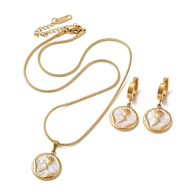 Flower Golden 304 Stainless Steel Jewelry Set with Enamel, Dangle Hoop Earrings and Pendant Necklace