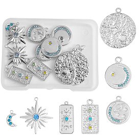 14Pcs 7 Styles 304 Stainless Steel Pendants, with Rhinestone, Moon & Star Charm, Mixed Shapes