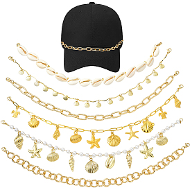 6 шт. 6 стили: ракушка каури в морском стиле, цепочка для бейсболки из алюминия, латуни и сплава