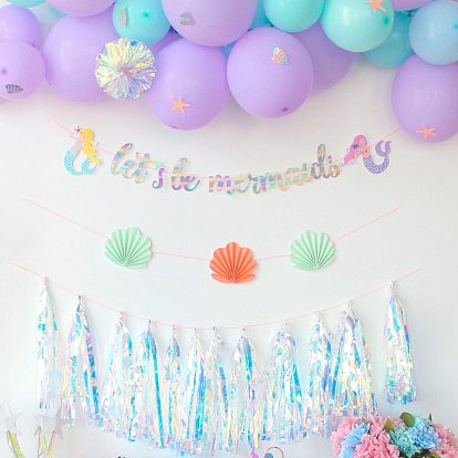 Mermaid & Shell Shaped Paper Flags, Tassel Hanging Banner, for Birthday Party Decorations