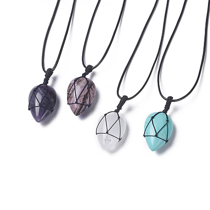 Gemstone Beaded Pendant Necklaces, Adjustable, with Waxed Cord, Drop