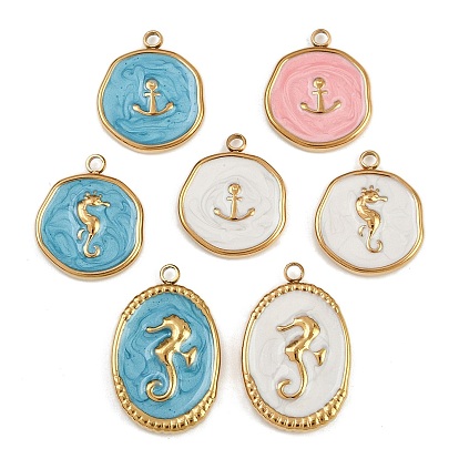 304 нержавеющей стальной эмали подвески, ионное покрытие (ip), золотые, плоский круглый с якорем/плоский круглый с морским коньком/овальный с морским коньком