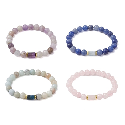 4Pcs 4 Styles 8mm Round Natural Rose Quartz & Blue Aventurine & Flower Amazonite & Amethyst Beaded Stretch Bracelets, Column Gems Stackable Bracelets for Women