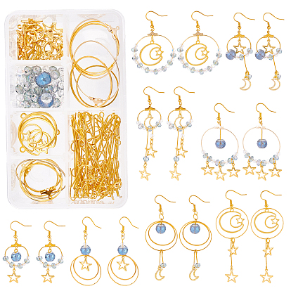 244Pcs DIY Star & Moon Themed Earring Making Kits, Including Brass Linking Rings & Pendants & Earring Hooks, Alloy Pendants, Glass Beads