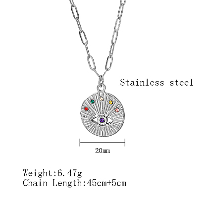 Stainless Steel Rhinestone Flat Round with Eye Pendant Necklaces, Paperclip Chain Necklace for Women