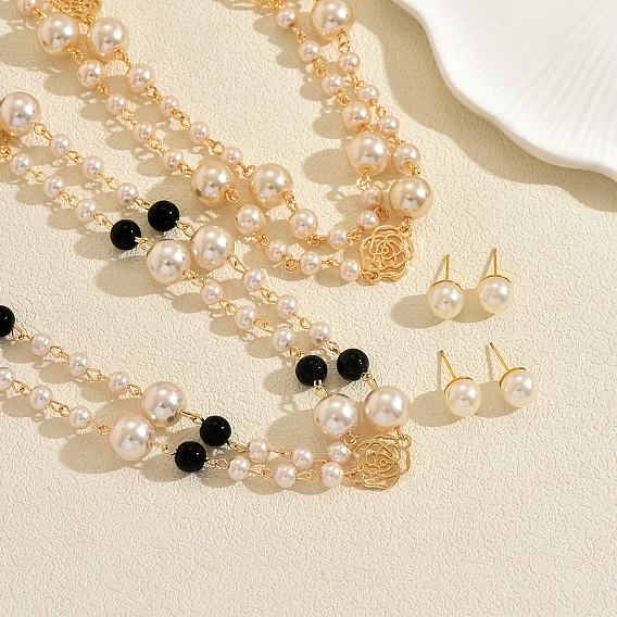 Комплекты из круглых железных серег-гвоздиков и двухслойных ожерелий Rosr для женщин, с имитацией жемчуга